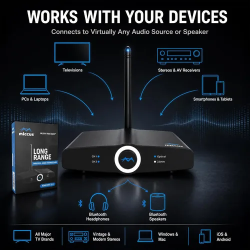 Vista 7 de Transmisor o receptor de audio Bluetooth de largo alcance para TV, PC estéreo, conectar altavoces, auriculares, teléfono, adaptador inalámbrico