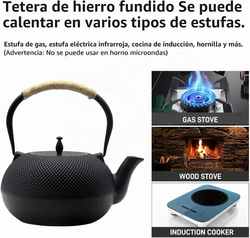 Vista 8 de Tetera grande de hierro fundido, tetera japonesa Tetsubin para estufa, tetera de hierro fundido con infusor de acero inoxidable para té suelto e