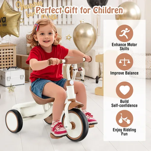 Vista 7 de HONEY JOY Triciclo, triciclo para niños de 3 ruedas con asiento ajustable, cesta de almacenamiento extraíble, triciclo para niños de 3 a 5 años