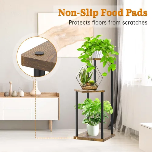 Vista 3 de Oppro Soporte para plantas de 3 niveles para interiores, soporte de esquina de metal de madera escalonada, soporte para macetas, estante de madera