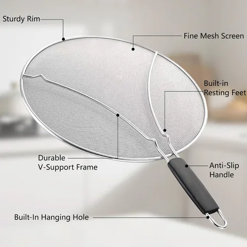 Vista 3 de Pantalla contra salpicaduras para sartén: protector de salpicaduras de grasa de acero inoxidable para cocinar, pantalla de malla para freír mantiene