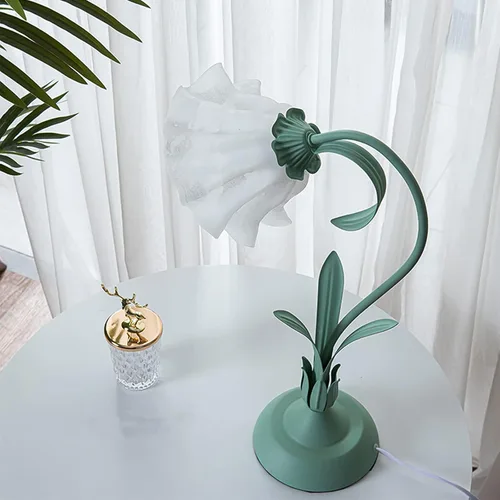 Vista 4 de Lámpara de mesa moderna regulable, lámpara de mesa de noche estilo flor verde con pantalla de cristal, lámpara de escritorio con interruptor