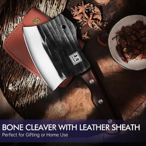 Vista 7 de ENOKING Cuchillo de carnicero de 5.7 pulgadas, cuchillo forjado a mano resistente para huesos con mango de madera, cuchillo de carnicero de espiga