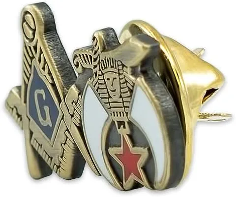 Vista 2 de Pin de solapa masónico cuadrado y brújula y Shriner - oro y blanco 1 pulgada de ancho, Metal