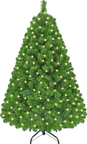 Vista 13 de Yaheetech - Árbol artificial de Navidad preiluminado de 9 pies con luces incandescentes de color blanco cálido, árbol de Navidad con flecos de Verde