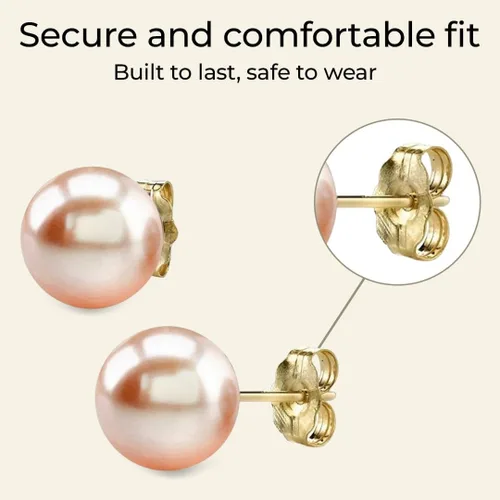 Vista 5 de THE PEARL SOURCE Real Freshwater Pearl Stud Earrings for Women, 14K Yellow Gold AAAA Genuine Cultured Freshwater Pearls, Peach Pearl Jewelry Gift