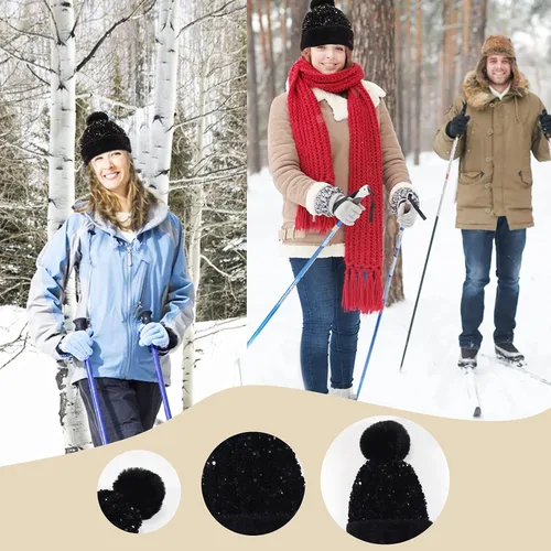 Vista 6 de Gorro de invierno para mujer, gorro de punto con piel sintética extraíble, pompón y lentejuelas