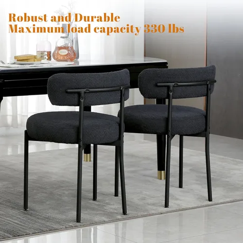 Vista 3 de DYHOME - Juego de 2 sillas de comedor de bouclé negro, sillas de cocina modernas de mediados de siglo con respaldo curvo y patas de metal, sillas