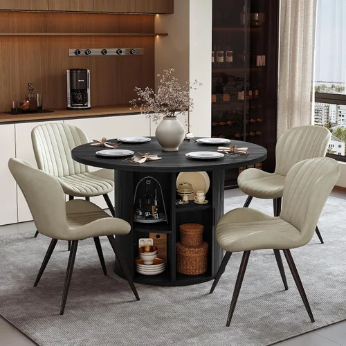 Vista 17 de Miereirl Juego de mesa y sillas de comedor moderno redondo, con una mesa de comedor de madera equipada con compartimentos de almacenamiento
