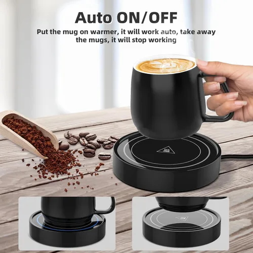 Vista 2 de Calentador de café con juego de tazas, calentador eléctrico de tazas para escritorio, oficina, uso doméstico, calentador de velas con interruptor