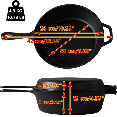 Vista 2 de Sartén de hierro fundido (extra profundo) – 10.25 pulgadas con tapa de sartén, sartenes + fundas de soporte de mango de silicona – Utensilios