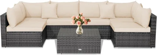 Vista 26 de Tangkula Juego de 2 sofás de mimbre para exteriores, sin brazos, juego de sofá modular de ratán para patio con 2 cojines de asiento gruesos y 2