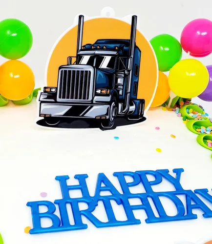 Vista 4 de Big Rig 18 Wheeler Hauling - Juego de decoración para pastel de cumpleaños de 7 piezas con temática de motor diésel (diseño único)