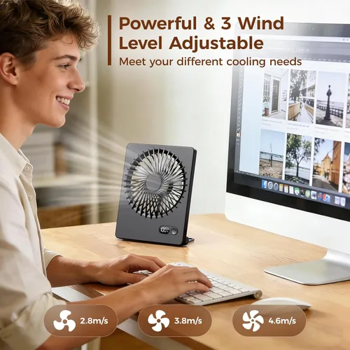 Vista 2 de Zuvas Ventilador de escritorio con pilas, recargable de inclinación de 180°, ventilador personal plegable ultra silencioso, pequeño, portátil, de 3