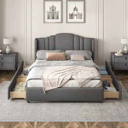 Vista 3 de SOFTSEA Base de cama tapizada con 4 cajones, marco de cama tamaño Queen con cabecero y estribo copetudos (gris, Queen)