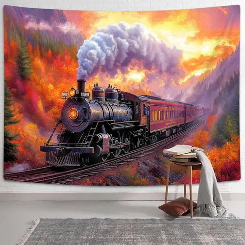 Vista 3 de Tapiz de Tren de Vapor, Tapices de Paisaje Otoñal de Tren de Motor Antiguo Decoración para Niños, Tapices de Arte de Acuarela de Bosque de Montaña