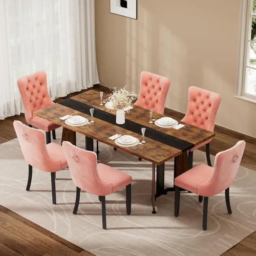 Vista 26 de Juego de mesa de comedor de 5 piezas con 4 sillas, mesa de comedor rectangular de madera de 71 pulgadas con sillas de comedor de terciopelo, tablero