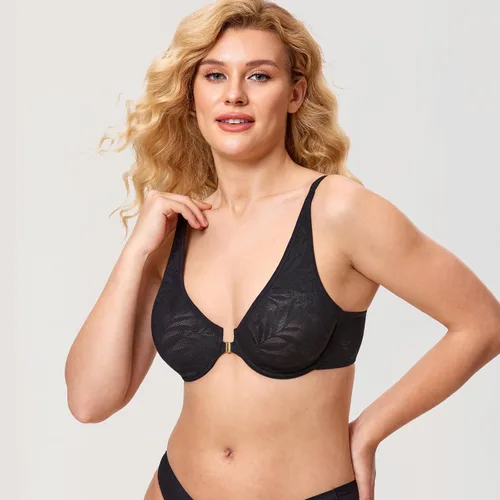 Vista 2 de AISILIN Sujetadores con cierre frontal para mujer, talla grande, sin forro, encaje suave, con aros