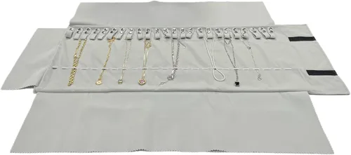 Vista 4 de Bolsa organizadora de terciopelo para collares, banda elástica y antienrollamiento, grande, negro y gris