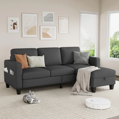 Vista 8 de Sofá modular para sala de estar, sofá gris oscuro de 3 plazas en forma de L con otomana de almacenamiento, cómodos sofás seccionales convertibles