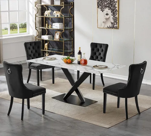 Vista 40 de Juego de 5 mesas de comedor, juego de mesa de cocina y comedor para 4, mesa de cocina rectangular de mármol sintético blanco de 47 pulgadas con base