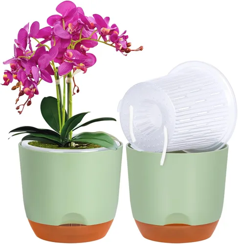 Vista 38 de QCQHDU 2 Pack 5.7 Inch Orchid Pots with Holes for Repotting, Double-Layer and Self Watering Orchid Pot with Good Air Circulation Verde