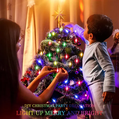 Vista 3 de Guirnalda de luces multicolor de Navidad parpadeantes, funciona con pilas, 3 modos, 20 LED, 12 paquetes de luces de luciérnaga estrellada de alambre