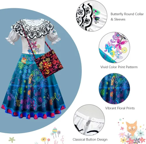 Vista 5 de URAQT Mirabel - Vestido de disfraz 2022, fantástico vestido Mirabel para niñas con bolsa, vestido de princesa Madrigal para niña