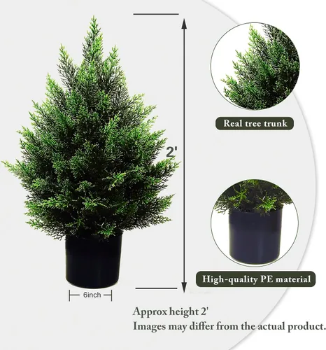 Vista 2 de Árbol topiario artificial de 2 pies, hermosos pinos de cedro sintético, árboles de Navidad, con clasificación UV, arbustos falsos para porche