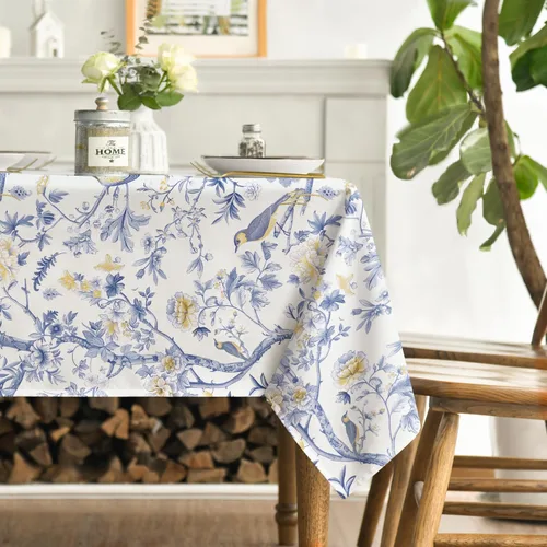 Vista 3 de Horaldaily Mantel Chinoiserie de 52 x 70 pulgadas, rectangular, moderno de temporada, diseño de flores de pavo real, con pompones, lavable