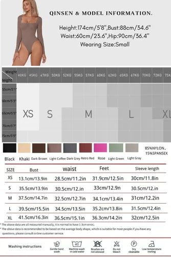 Vista 5 de QINSEN Body sexy de manga larga con cuello cuadrado para mujer