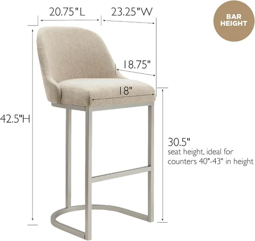 Vista 3 de Leick Home 10133PW/OL Taburete de bar con base de metal, juego de 2, para encimeras de cocina elevadas, mesas altas y bares, asiento moderno de lino