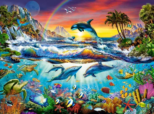 Vista 2 de CASTORLAND Rompecabezas de 3000 piezas, Paradise Cove, Ocean Wildlife, rompecabezas de naturaleza, delfín, rompecabezas de animales, rompecabezas