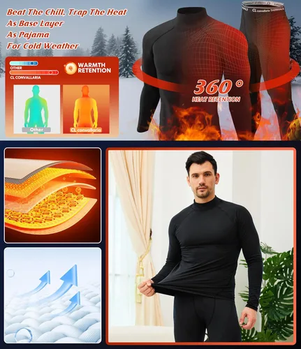 Vista 7 de CL convallaria Thermal Underwear for Men Long Johns Fleece Lined Hunting Gear Set Base Layer for Cold Weather XS-4XL