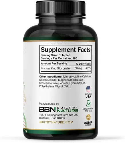 Vista 5 de Built By Nature Zinc 50 mg, 180 comprimidos de gluconato de zinc, altamente absorbente, apoyo inmunológico y antioxidante, sin OMG, sin gluten