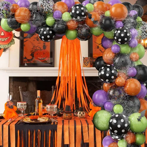 Vista 6 de Kit de arco de globos de Halloween de 155 piezas, kit de guirnalda de globos de color negro, naranja, morado y verde, con arañas de telaraña