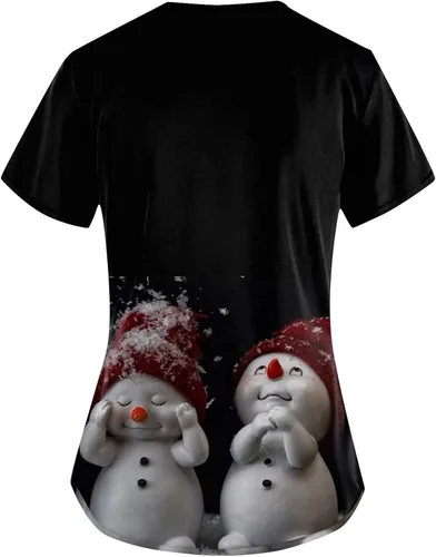 Vista 2 de Uniforme de trabajo de Halloween para mujer, camiseta de manga corta con estampado navideño y cuello en V