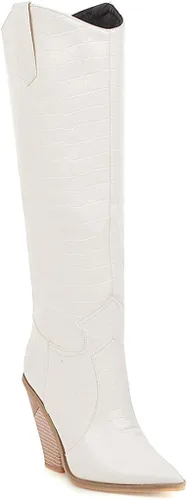 Vista 2 de HENWERD - Botas de tacón grueso hasta la rodilla para mujer, cómodas botas vaqueras occidentales con punta puntiaguda