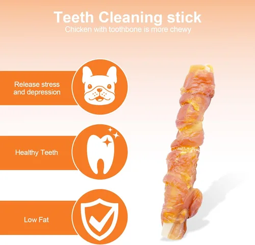 Vista 5 de Huesos dentales masticables envueltos en pollo, golosinas duraderas para control de placa y aliento fresco, alivio de la dentición del cachorro, 8
