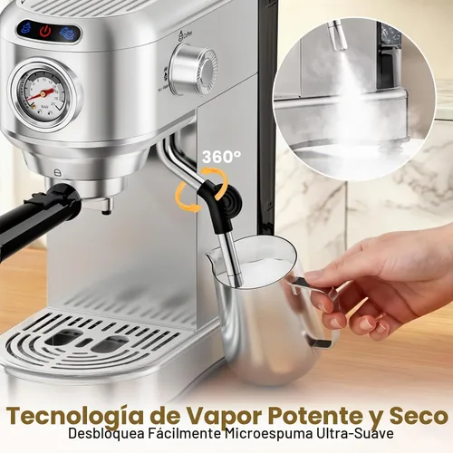Vista 4 de Máquina de café espresso de 20 bares, cafetera compacta con espumador de leche, cafetera de acero inoxidable con tanque de agua extraíble de 34