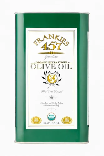 Vista 4 de Frankies Aceite de oliva orgánico extra virgen Lata de 16.9 onzas líquidas Aceite de oliva virgen extra siciliano real (EVOO) Aceitunas