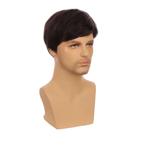 Vista 3 de Peluca marrón para niños, peluca corta recta marrón oscuro para niños, resistente al calor, pelo sintético con gorra