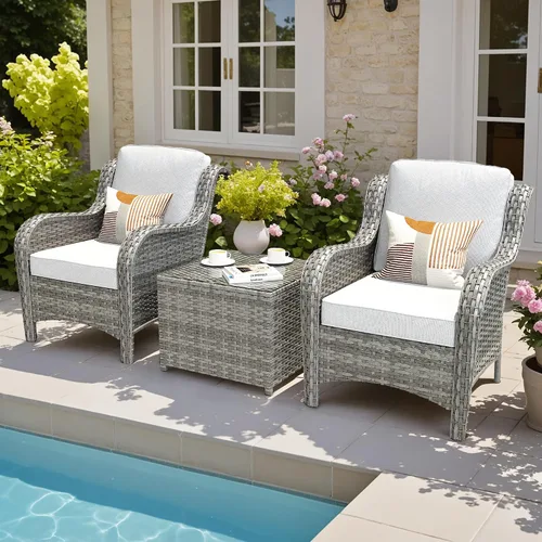 Vista 15 de Juego de muebles de exterior para patio, silla y sofá (ratán marrón, beige, 3 piezas)