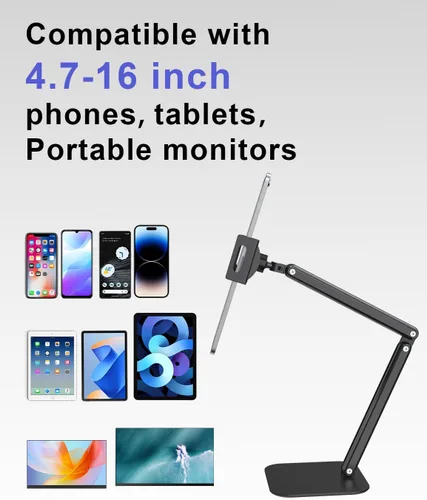 Vista 5 de Soporte de tablet para escritorio, soporte ajustable para iPad, rotación de 360°, soporte de brazo de aluminio resistente para iPad Pro/Air/Mini