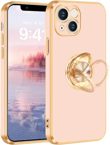 Vista 8 de Fingic - Funda para iPhone 13, soporte giratorio de 360°, soporte magnético Shiny Plating Gold Edge Slim Soft TPU Shockproof Protective Phone Case