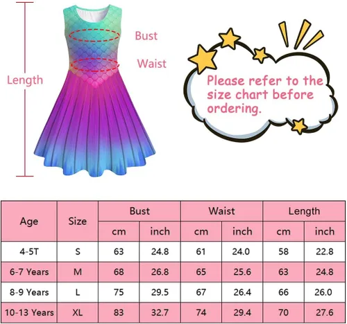 Vista 6 de Funnycokid Vestido de sirena para niñas, vestidos de verano sin mangas, vestido de cumpleaños, vestido de verano con vuelo, traje de 4 a 13 años