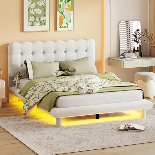 Vista 20 de Cama de plataforma flotante, marco de cama de madera tamaño individual con rayas claras, tela de lino suave y cabecera de diseño capitoné