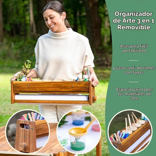 Vista 8 de Guidecraft Juego de mesa y taburete de arte para exteriores Acadia: mesa de madera de acacia para niños con 2 sillas, rollo de papel