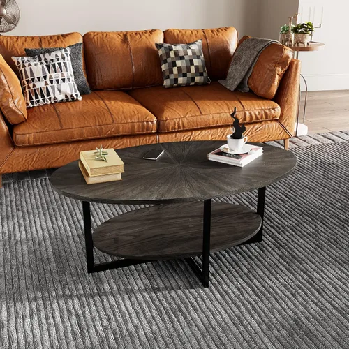 Vista 3 de Mesa auxiliar ovalada de madera con estante de almacenamiento, mesa de 2 niveles, negro y marrón Negro marrón-43.3 pulgadas