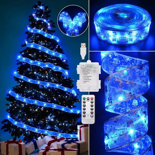 Vista 12 de Vimorg - Decoraciones de Navidad, 6.35 cm x 33 pies, 100 luces LED en forma de cinta para árbol de Navidad con control remoto, luces de hadas de 8